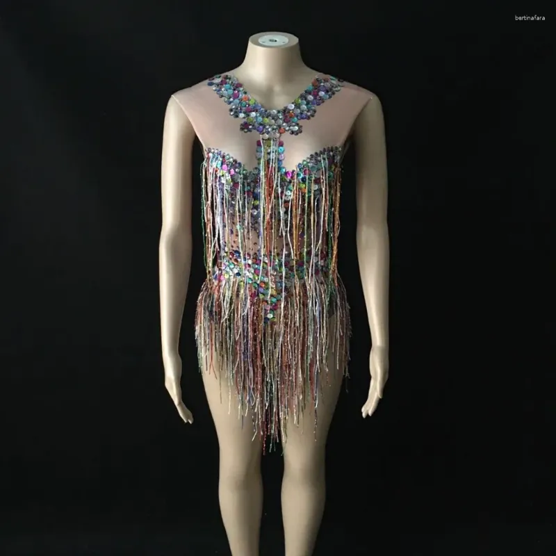 Stage Wear Glisten Multi Color Strass Bodysuit Sexy Franjas Traje Nightclub Mulheres Cantor Cristais Stretch Dance Outfit