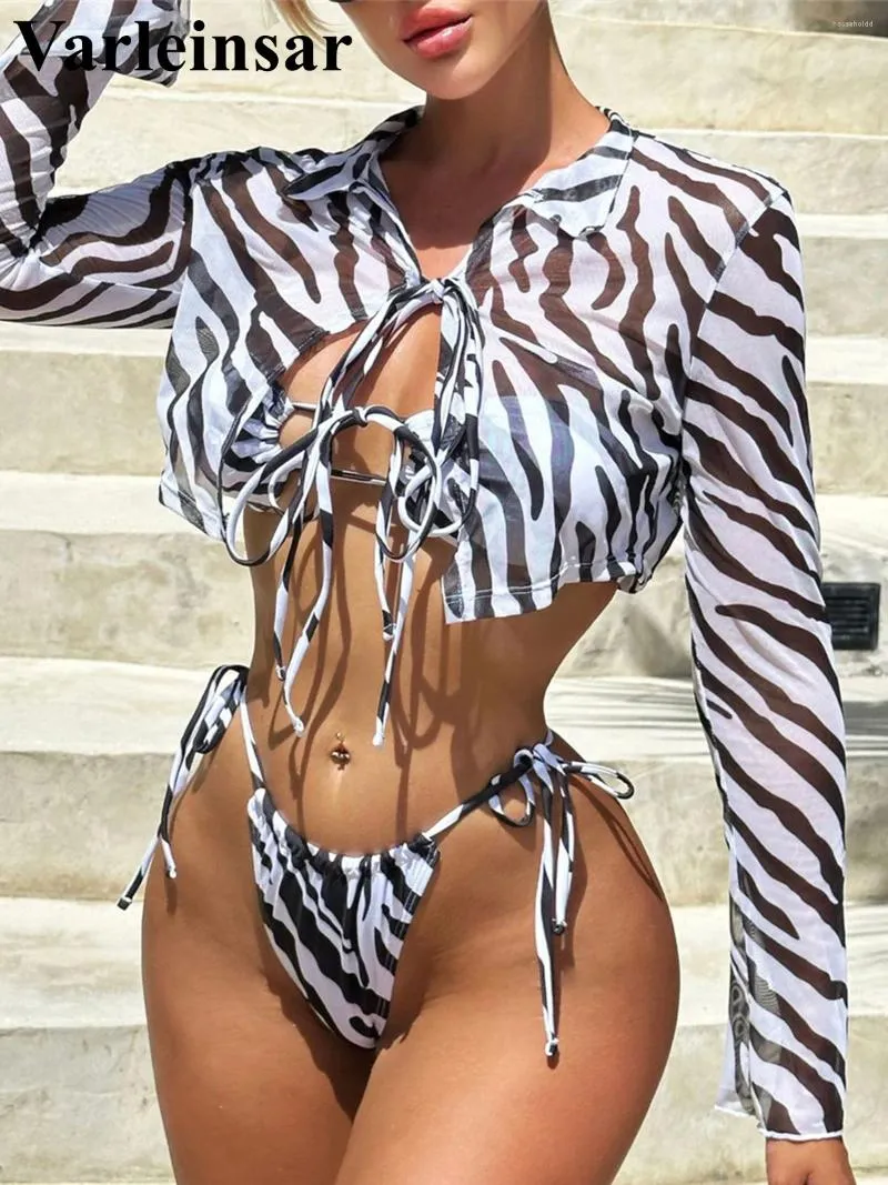 Kvinnors badkläder sebra tryckt halter bikini kvinnliga baddräkt kvinnor trepieces set med cover up bather bathing kostym sim V4423