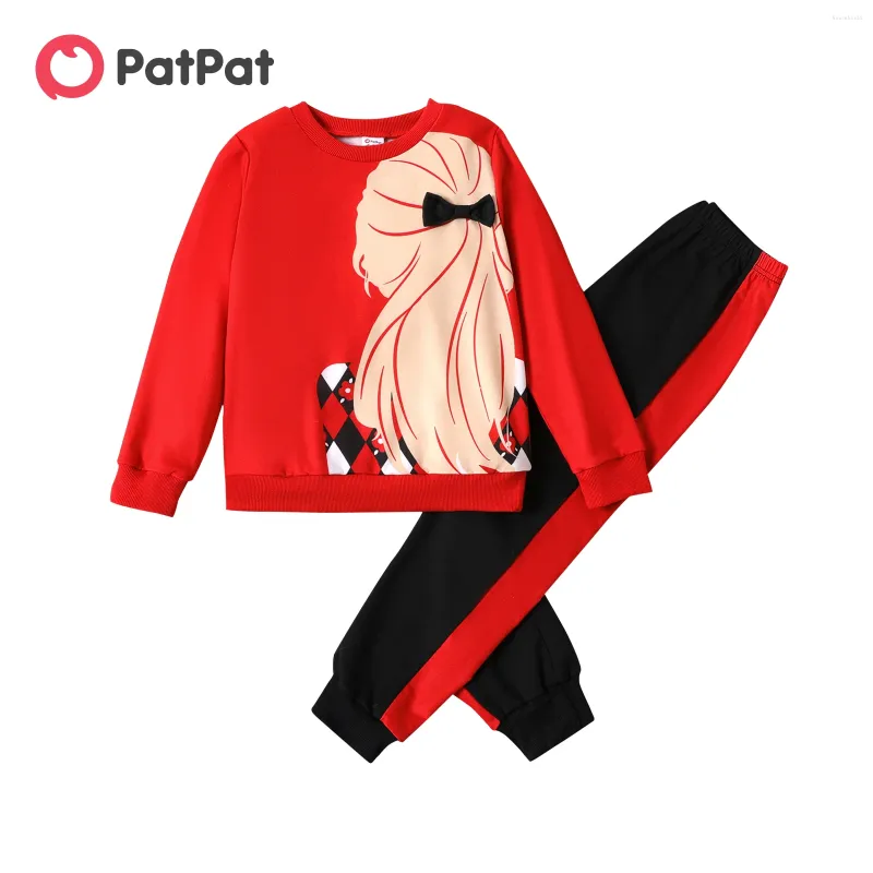Kledingsets PatPat 2-delige set voor jongen en meisje met karakterprint, rood sweatshirt en colorblock-broek