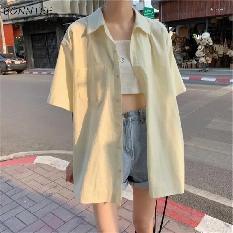 Women's Blouses Shirts Women Simple Pure Color Loose Retro Tender Female Pockets Design Basic Blusas Ulzzang Casual All-match Summer Half