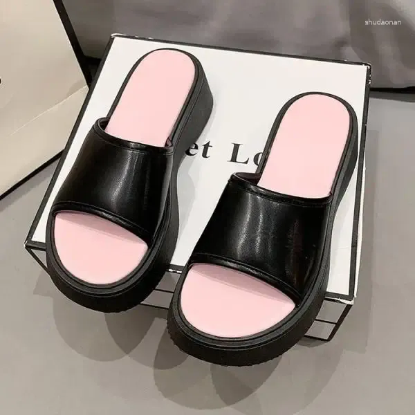 Slippers Women Summer Slides Low Shoes Platform Fashion Pantofle Luxury Soft 2024 PU Rome Basic Hoof Heels Casual Rubber Fabric