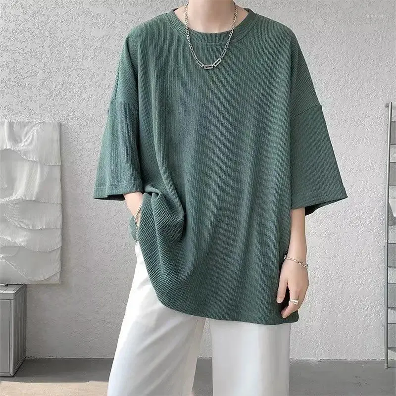 Men's T Shirts Cool Ice Silk Summer Plaid Men Green Tops Round Neck Three Quarter Sleeve Fashion High Street Casual Oversized Clothes