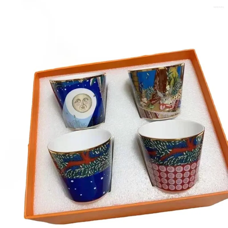 Tassen 4 teile/satz Kreative Kaffeetasse Mit Löffel Luxus Dessert Bone China Hohe Tee Tassen Set Paar Geschenk Keramik Nacht sky
