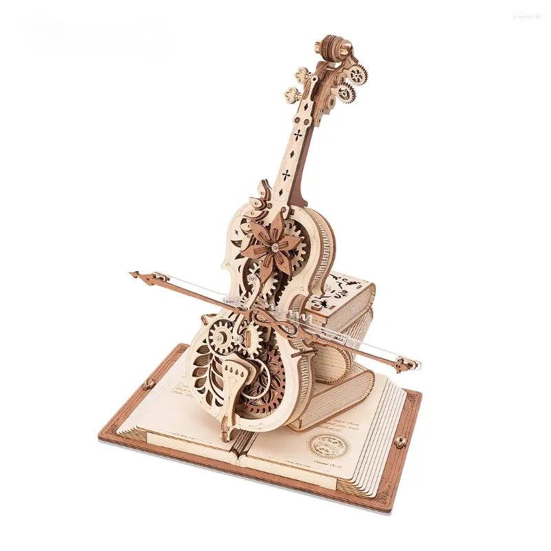 Dekorativa figurer 3D Träpussel Magic Cello Mechanical Music Box Moveable Stem Funny Creative Toys for Child Girls AMK63