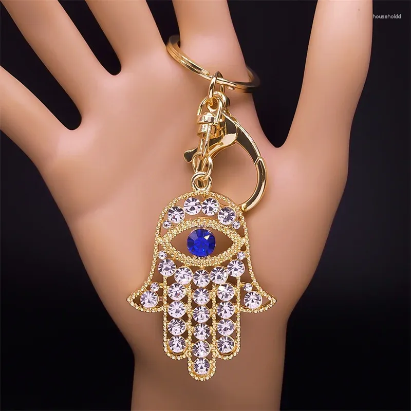 Keychains hand av Fatima Turky Eye Keychain för män Kvinnor Evil Blue Hamsa Hands Keyring Car Bag Accessories smycken Chaveiro KXHK1330S