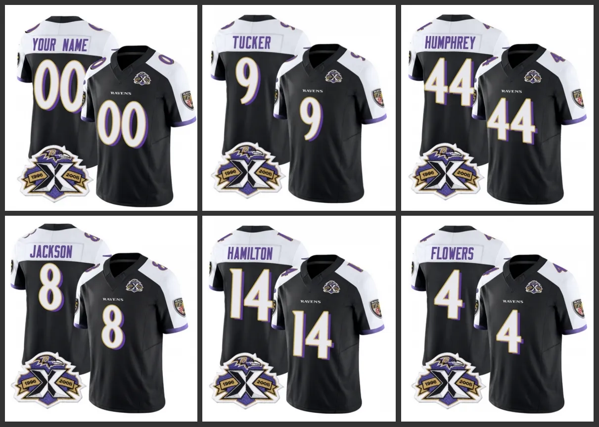 Baltimore''Ravens''Men 9 Justin Tucker 4 Zay Flowers 8 Lamar Jackson 14 Kyle Hamilton Donna Youth Custom Nero/Bianco F.U.S.E con toppa Throwback Limited Jersey