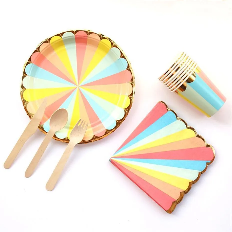57Pcs set Disposable Tableware Rainbow Paper Party Cup Plate Straw Party Tableware Wedding Decor Birthday Party Supplies276y