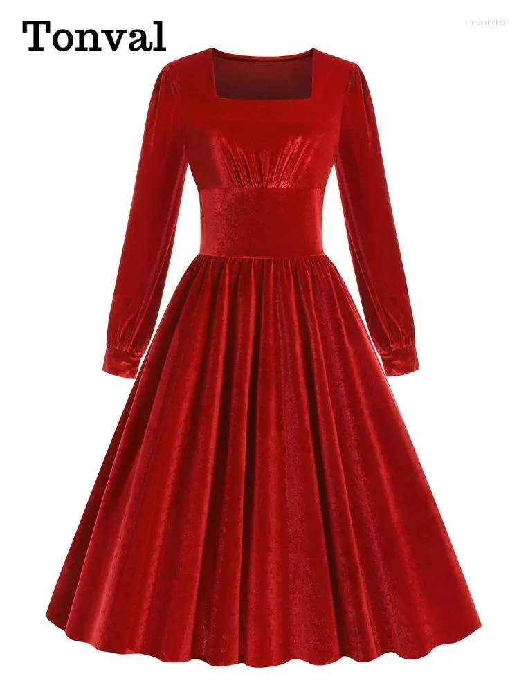 Casual klänningar tonval fyrkantig hals hög midja röd fast sammet vinter julklänning kvinnor kväll elegant veckad lång vintage