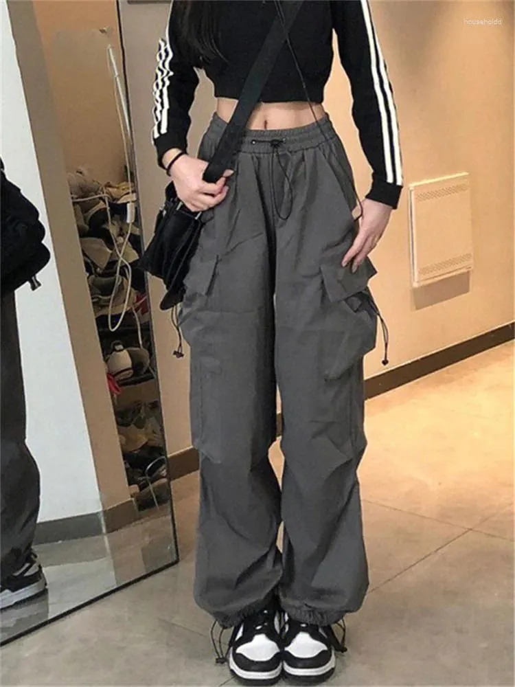 Pantalon Femme QWeek Y2K Streetwear Gris Cargo Femmes Surdimensionné Hip Hop Egirl Poches Pantalon Large Pantalon De Style Coréen Pantalon De Survêtement