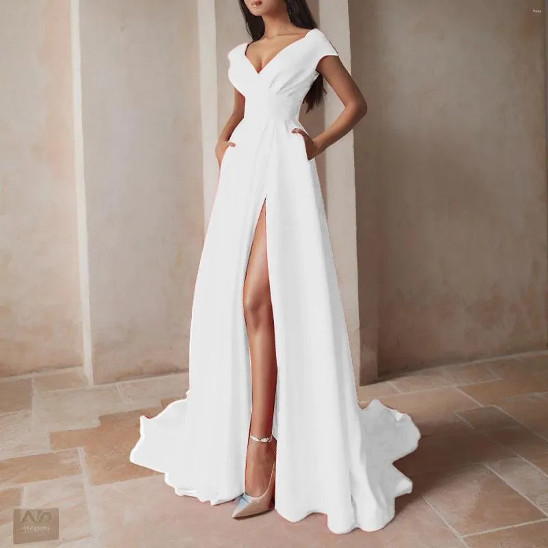 Casual Dresses Wedding Elegant Sexig rygglös V-ringning Festklänning Vit Hög midja Sidan Split golvlängd för bankett Infinity Robe
