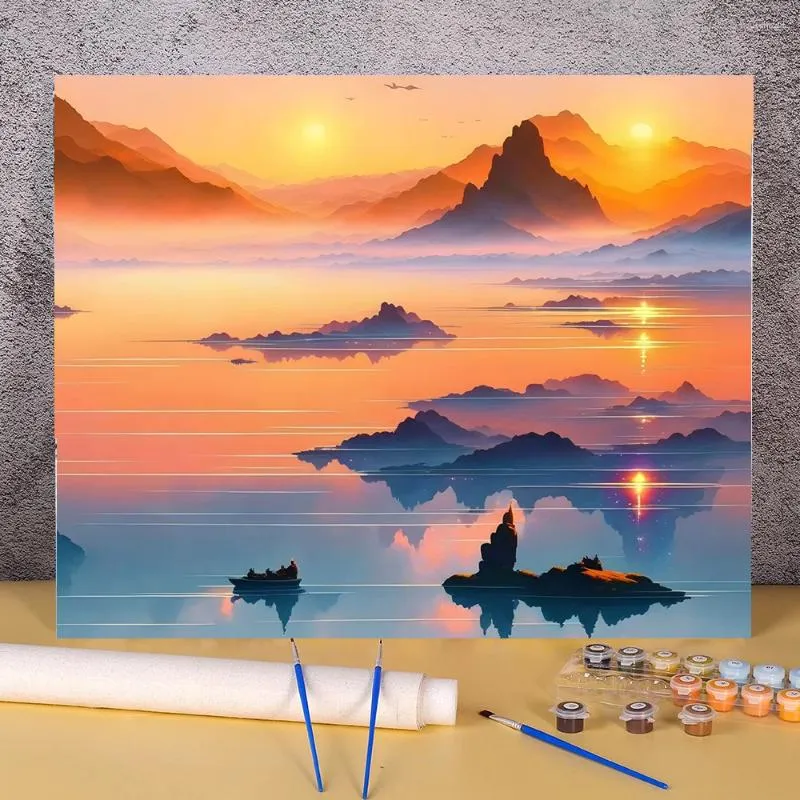Målningar Sunset Lake Diy Paint by Numbers Complete Kit Oil Paints 50 70 Canvas Bilder Dekorativt för barn Handmedelslandskap