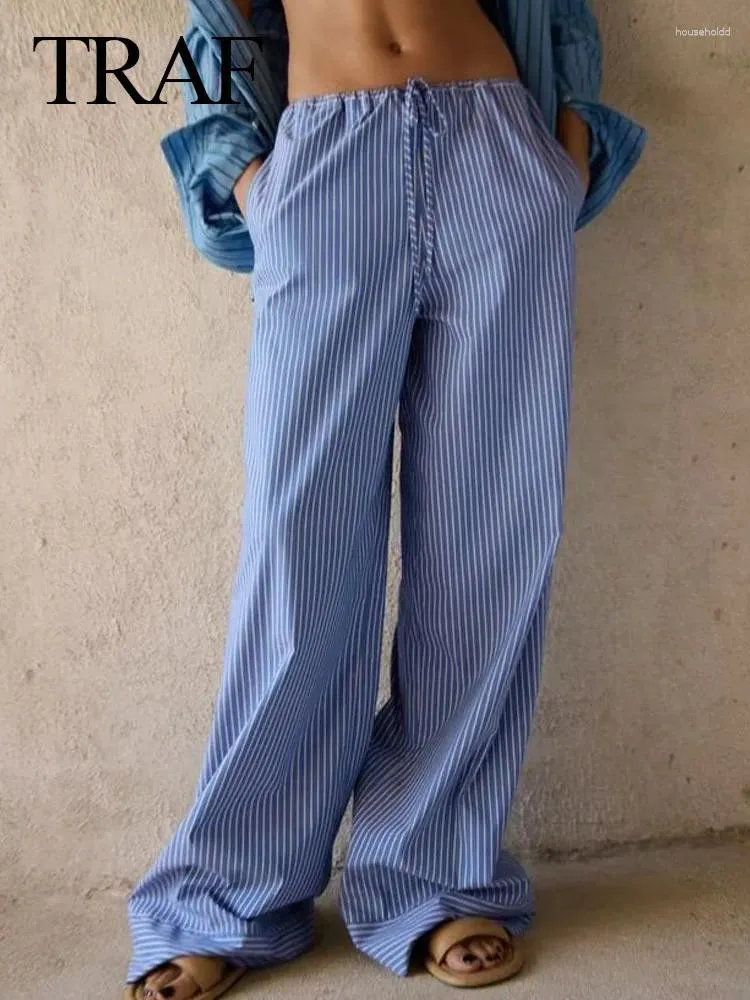 Spodnie damskie Traf moda jesienna niebieska w paski szerokie legalne luźne spodnie Lady Lace Up workow Małer Conjunto Streetwear