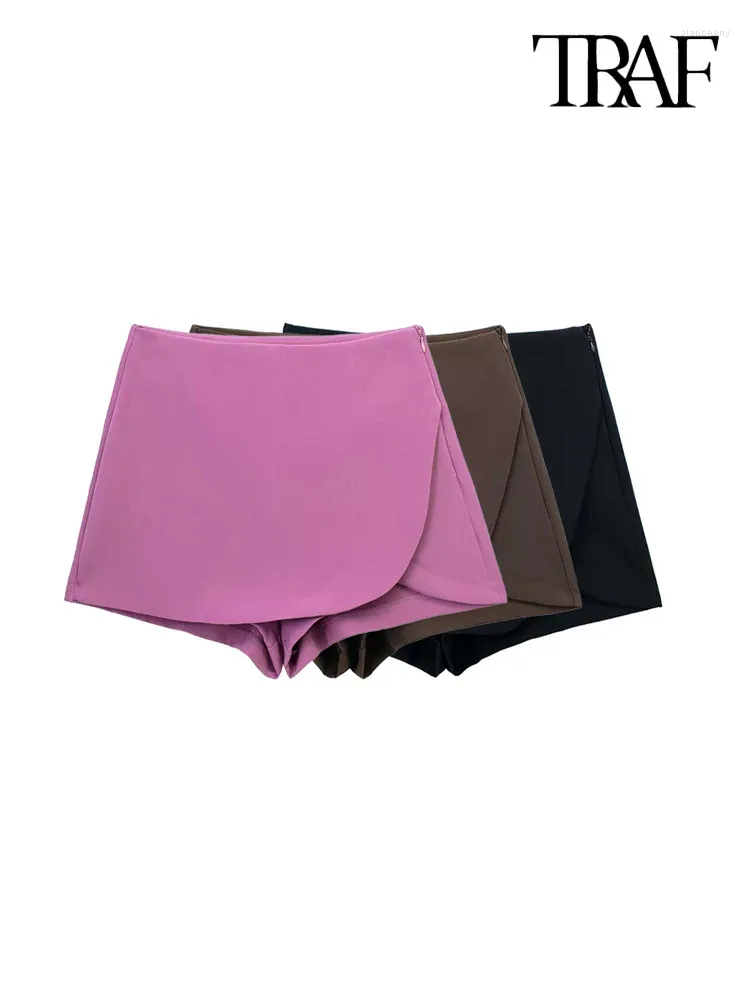 Shorts femininos traf mulheres moda pareo estilo auto overlay saias vintage cintura alta lado zíper feminino skort mujer