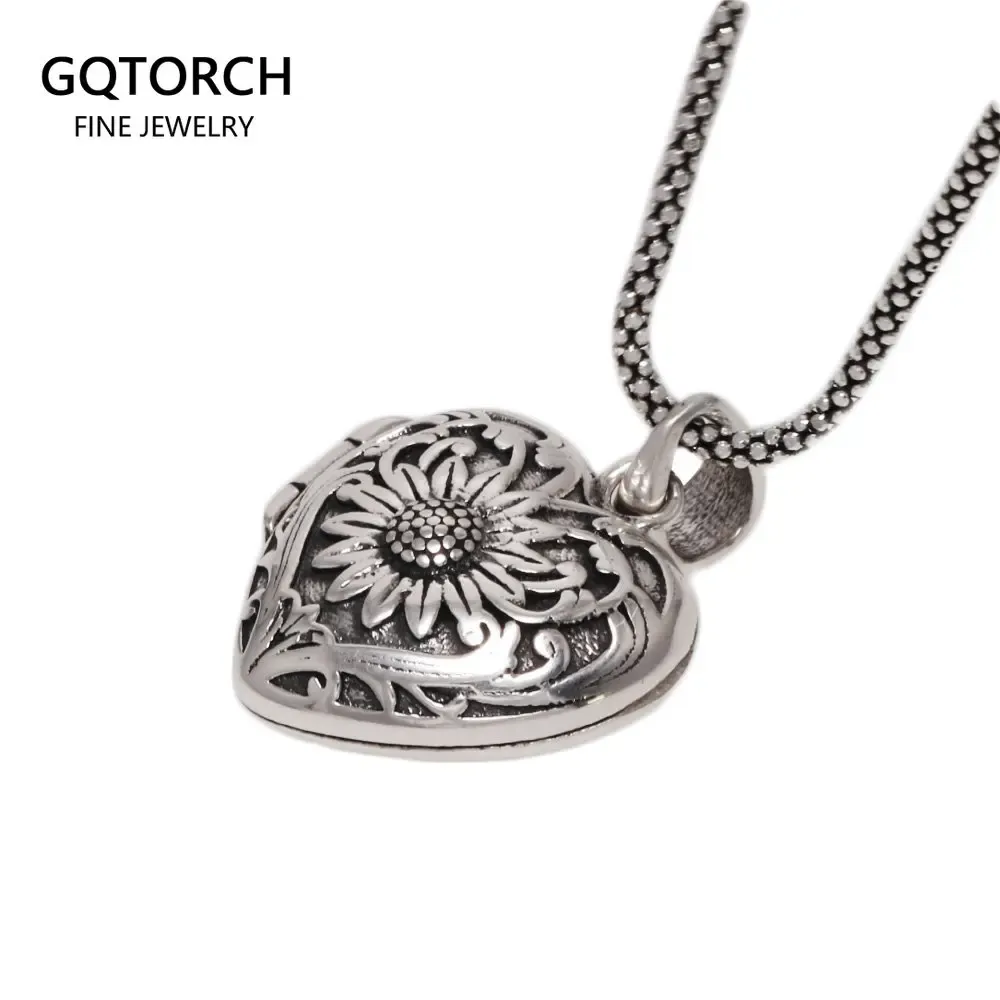 Anhänger Sonnenblumenherzförmige Medaillon-Halskette, die Bilder und Fotos enthält. Halten Sie jemanden in Ihrer Nähe. Individueller Schmuck aus 925er-Sterlingsilber