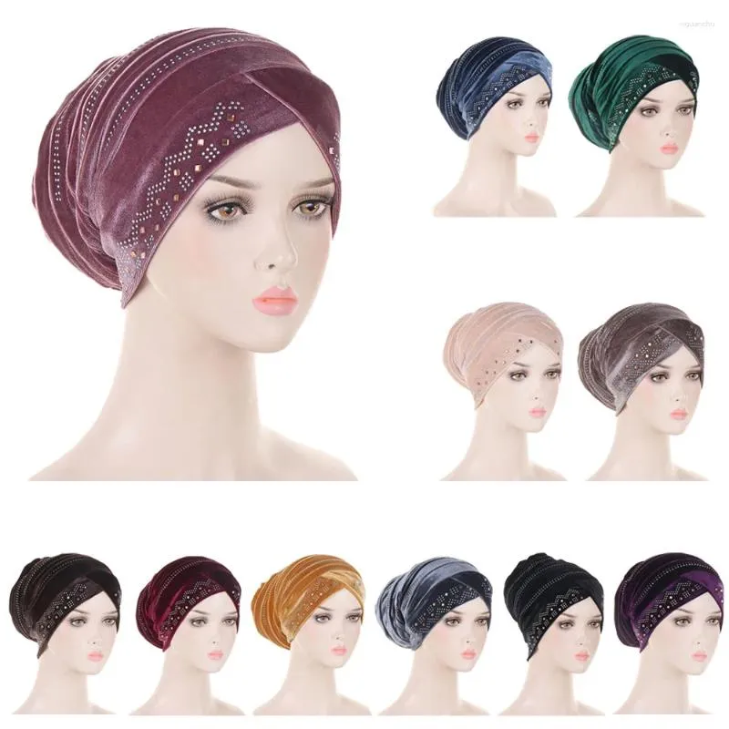 Vêtements ethniques Femmes musulmanes Velours Diamants Foulard Plissé Chemo Cap Turban Africain Hijab Chapeau Tête Wrap Écharpe Bonnet Perte De Cheveux Chapeaux