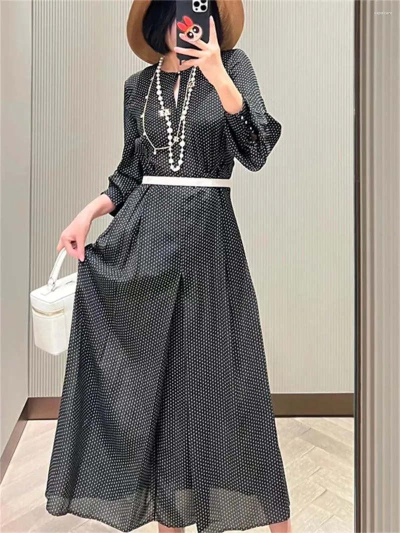 Casual Dresses Women Two Pieces Set Midi Dress Dot Print Silk Belt Round Neck Long Sleeve Female Robes 2024 Autumn