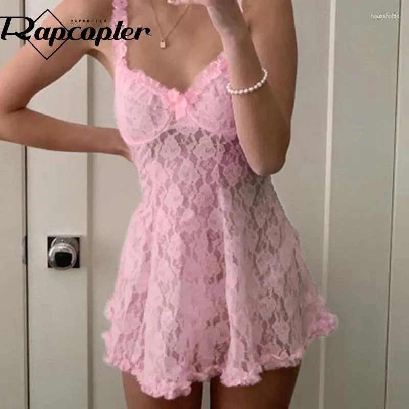 Casual Dresses Rapcopter Y2k Lace Trim Pleated Dress See Through Sexy Party Beach Mini Women V Neck Holiday Sundress Cute 2024 Korean