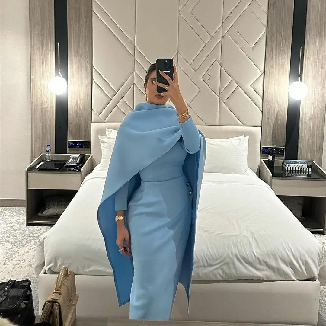 2024 Vintage Mother of the Bride Dresses Muslim High Neck Long Sleevevs Satin Light Blue Sheath Wedding Guest Gowns Tea Length With Cape