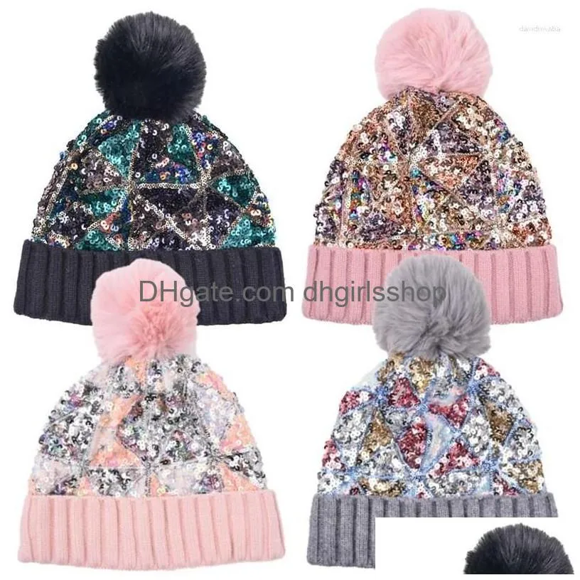 Bérets Paillettes Tricot extérieur Garder au chaud Femmes Pompon Chapeau Mode Épaississement Hiver Protection contre le froid Bonnet tricoté Drop Livraison Dh8Pb