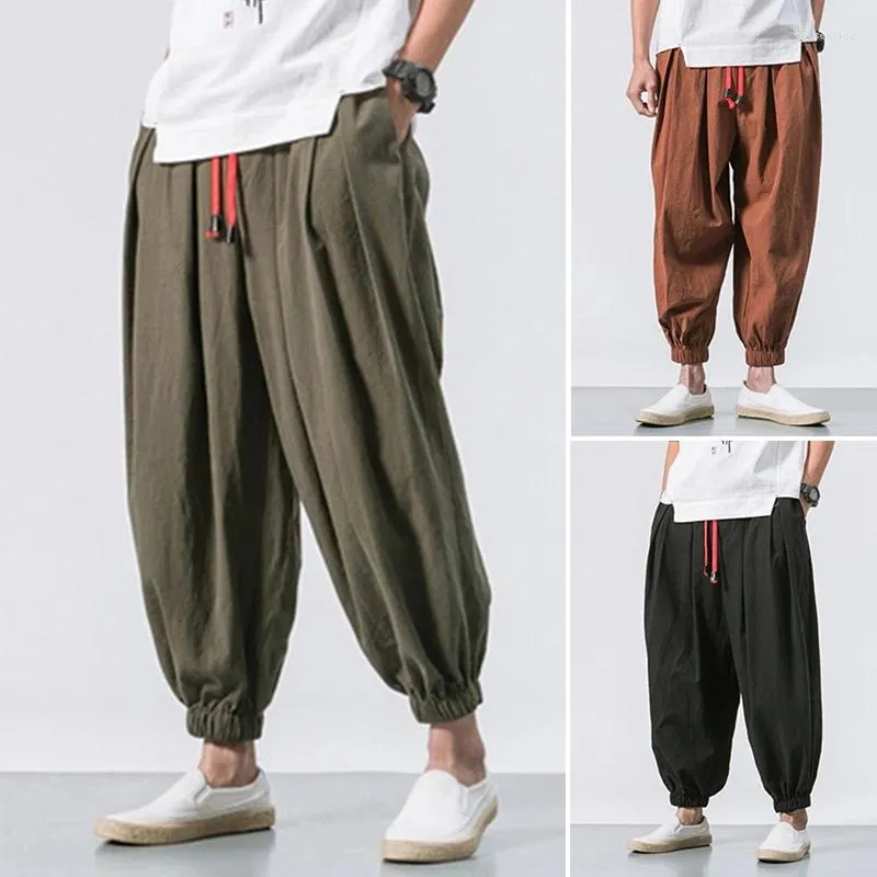 Мужские брюки, хлопковые и льняные шаровары, мужские однотонные уличные брюки с эластичной резинкой на талии, 2024, мешковатые повседневные брюки с заниженным шаговым швом