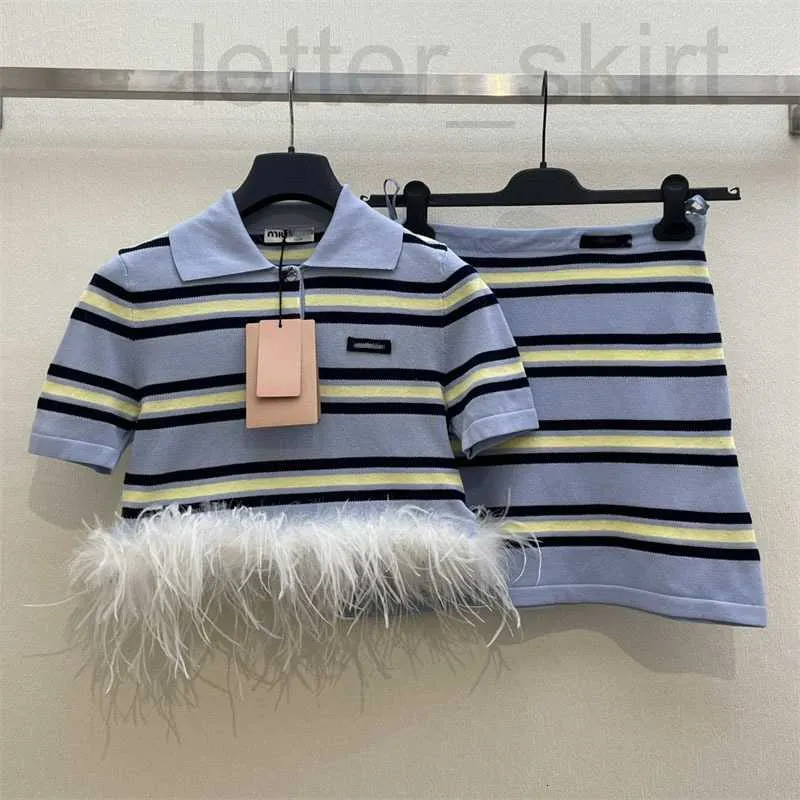 Designer Two Piece Dress 2024 early spring new Nanyou MIU contrasting striped feather patchwork polo knit top+skirt set 8S68