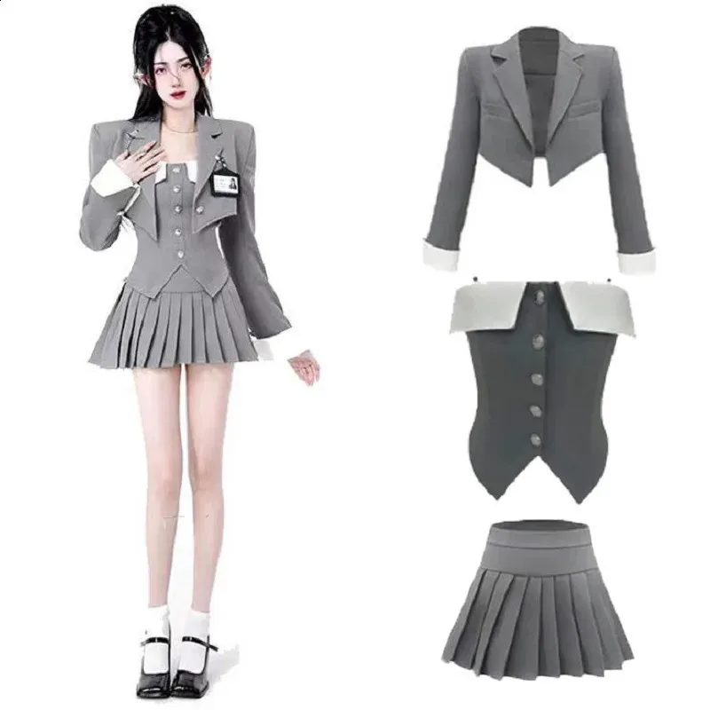 Retro Brown Plaid Vest Shirt Coat Set Sets Girl College Style Suit Pleated Mini Female Sexy Korean Jacket Blazers 240202