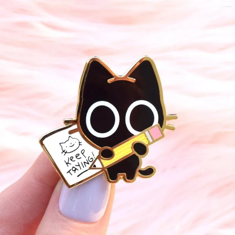 Brooches Keeps Tryings Hard Enamel Pin Kawaii Little Black Cat Painting Artists Cartoon Animals Brooch Fashion Badge Jewelry Decor Gift