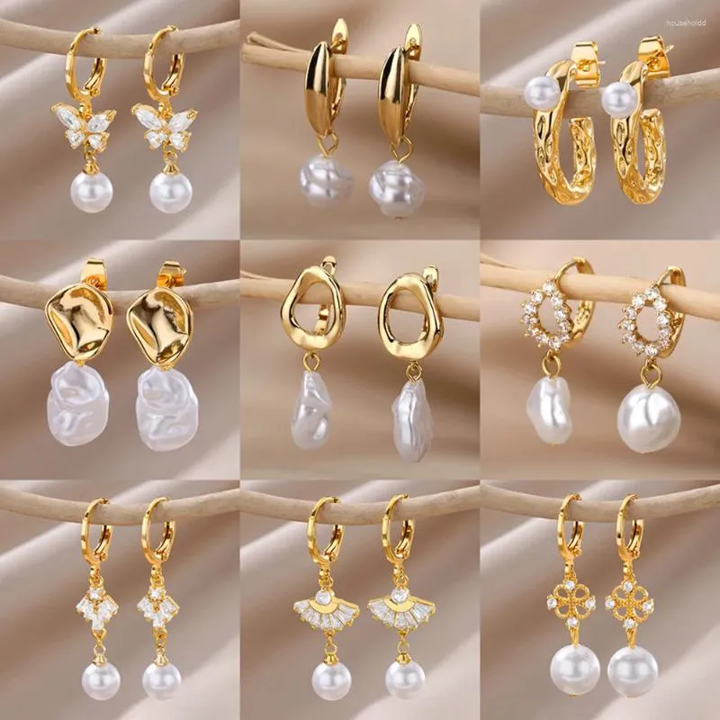 Hoopörhängen Fashion Circle Imitation Pearl Drop For Women Gold Plated rostfritt stål Runda geometriska örhängen bröllop smycken