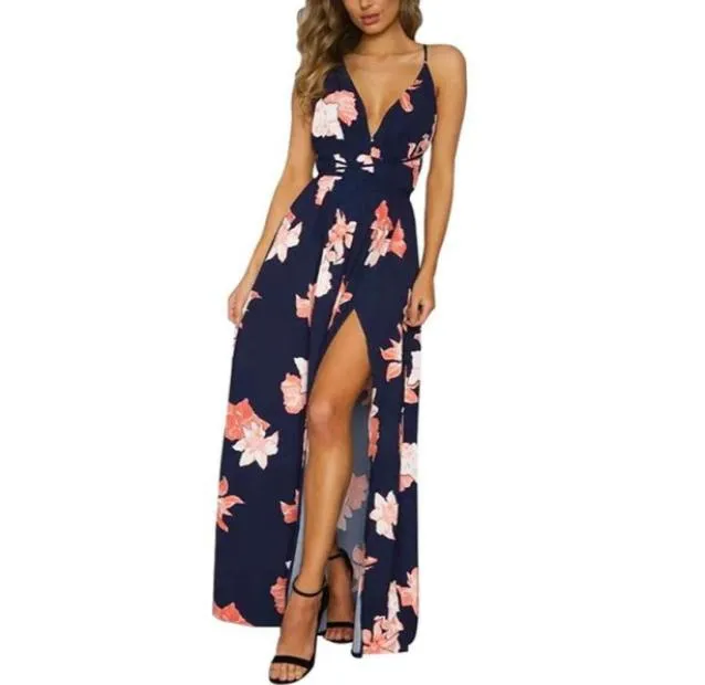 Derin vneck Sırtsız Uzun Kadın Elbise Şifon Bölünmüş Dantel Yukarı Yaz Elbise Kolsuz Beach Maxi Elbise Vestidos4450224