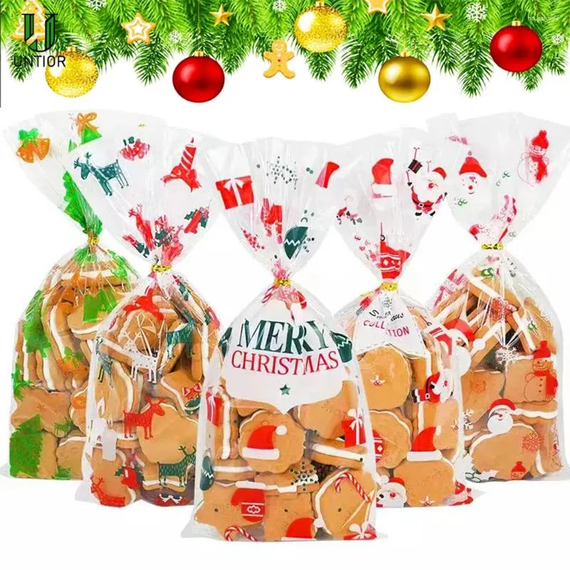 クリスマスデコレーション10pcsギフトバッグキャンディークッキー透明なビニール袋年パーティースナックベーキング2024