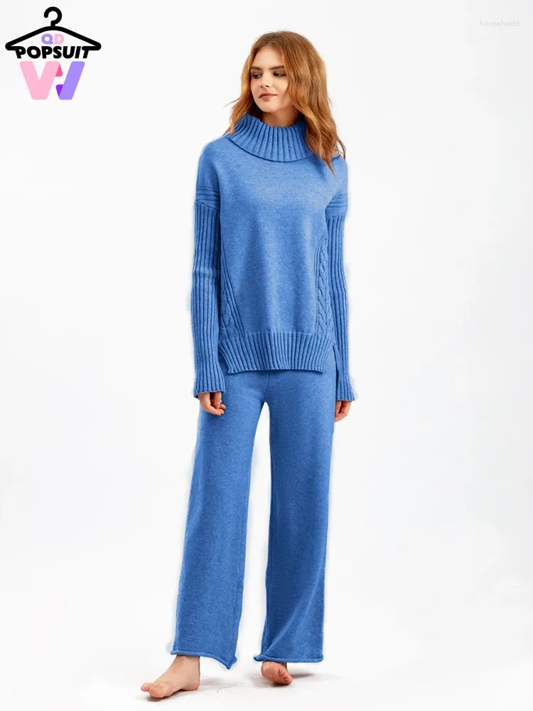 Women's Two Piece Pants In Autumn Winter Two-piece Knitted Suit Fashion Casual Turtleneck Warm Thick Wide Leg Sweater Pullover Women