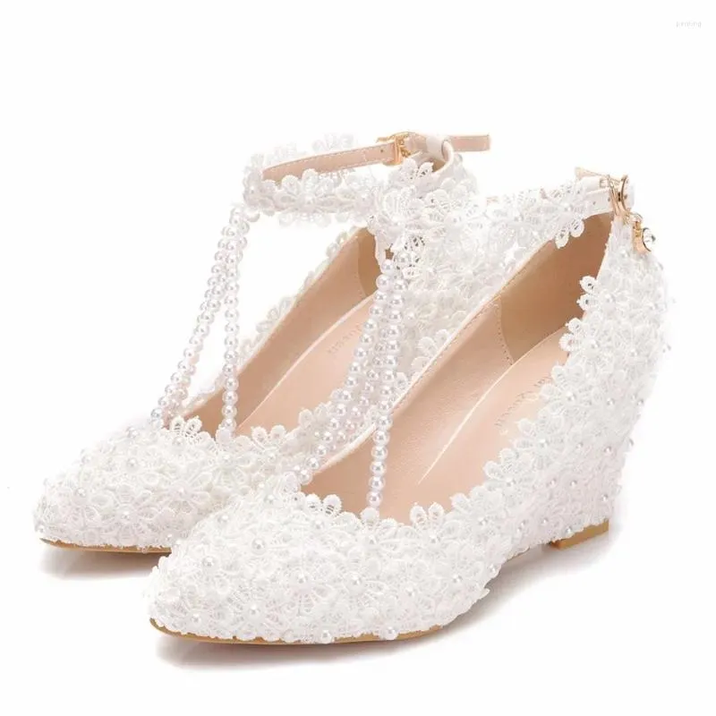 Dress Shoes Plus Size 41 Super High 8 CM Wedge Heels White Lace Wedding Bridal Luxury Handmade Pearl Party Pumps