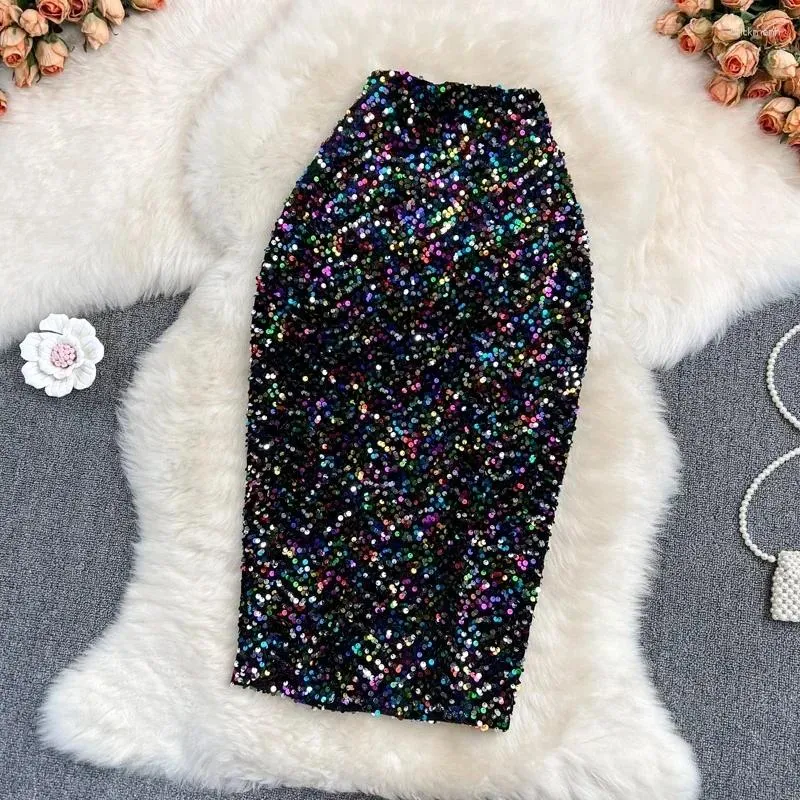 Gonne 2024 moda donna chic paillettes gonna a ruota vita alta elegante coreano hip wrap abbigliamento estivo casual P391