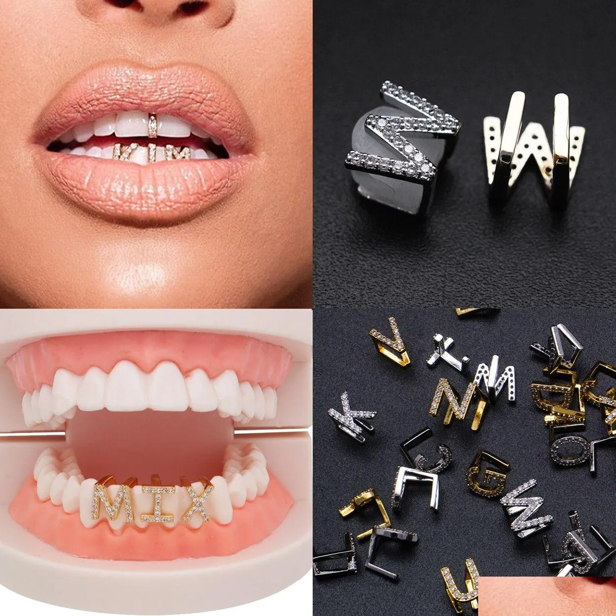 Grillz, Dental Grills Gold White Iced Out A-Z Custom Letter Grillz Fl Diamond Teeth Diy Fang Grills Bottom Tooth Cap Hip Hop Dental D Dhwr4