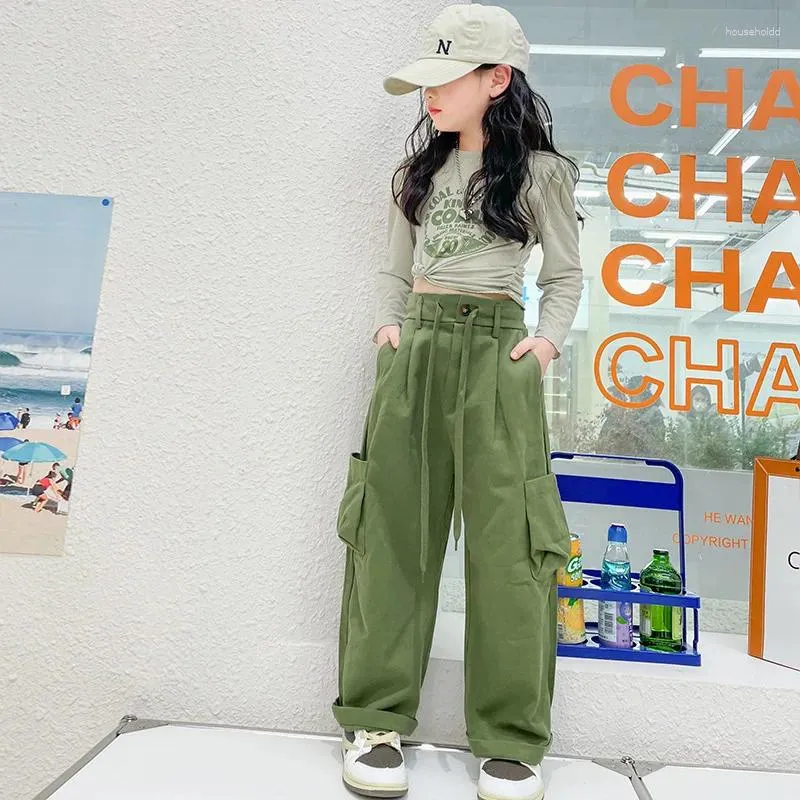 Byxor Spring och Autumn Girl's Retro Army Green Cargo Pants High midja som visar tunn lös sport Casual Wide Leg 6-14 Y