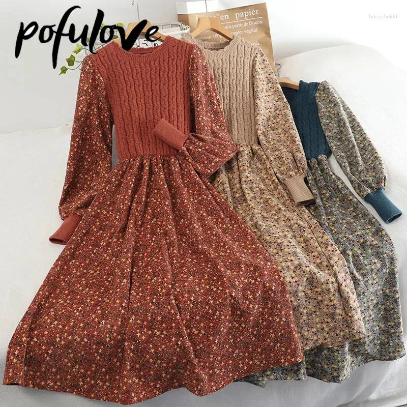 Casual Dresses Women's Sticke Dress Autumn Winter Long Sleeve Corduroy Floral Female Elegant tröja A-Line Veatidos Belt