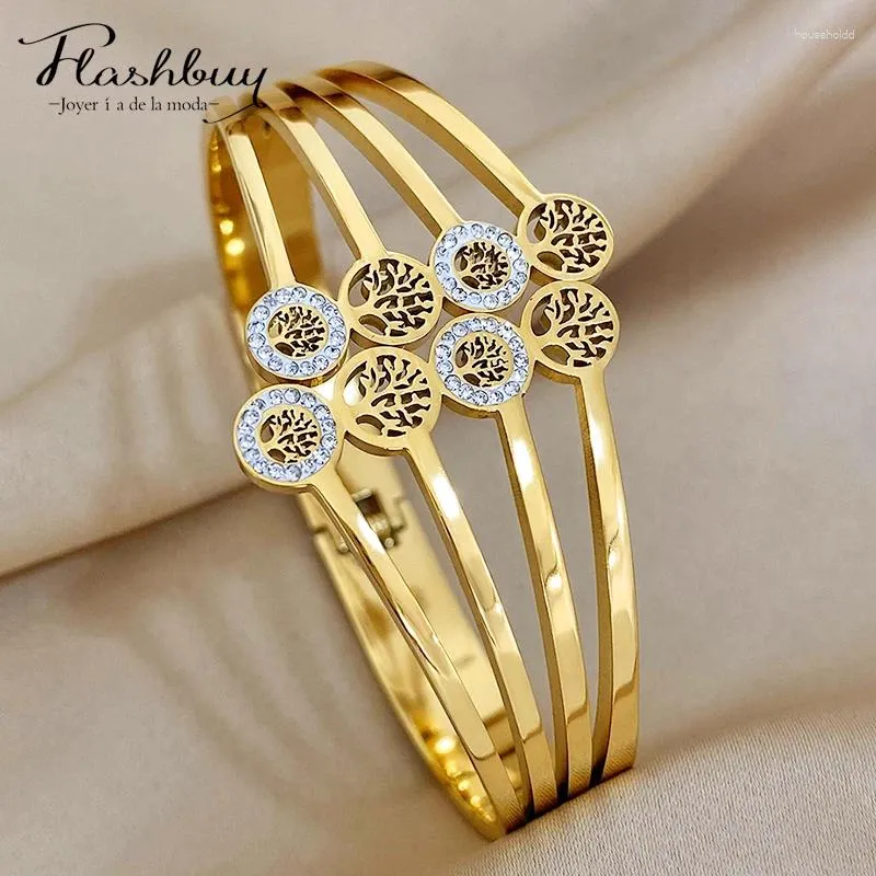 Bangle Flashbuy Trendy Inlaid Rhinestones Charm Tree Of Life Stainless Steel Bangles Bracelets For Women Men Wrist Waterproof Jewelry