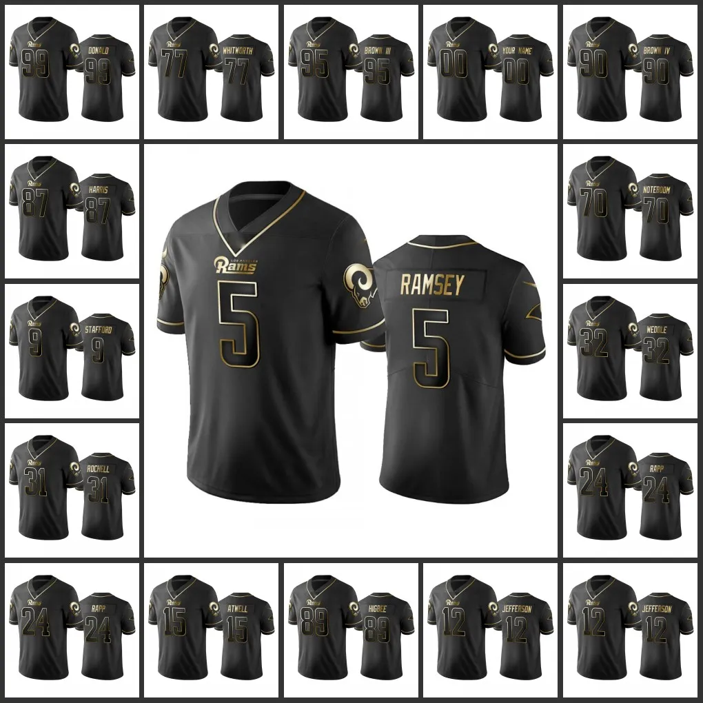 Los Angeles''Rams''Men # 10 Cooper Kupp 99 Aaron Donald 32 Eric Weddle 9 Matthew Stafford Femmes Jeunes Noir Personnalisé Golden Edition Vapor Limited Jersey