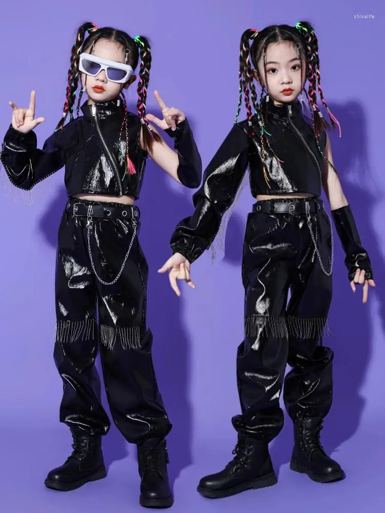 Abbigliamento da palco per ragazze, costume jazz, abiti da danza moderna, tuta in pelle nera, per bambini, outfit hip-hop, gruppo di concerti L12273