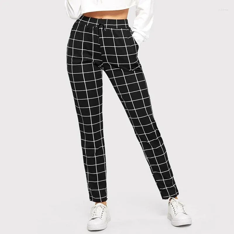 Damesbroeken 2024 Lente Dames Zwart Geruit Afdrukken Casual Mager Vrouwelijke Fitness Legging Zak Vrije tijd Potlood Broek Dame Broek