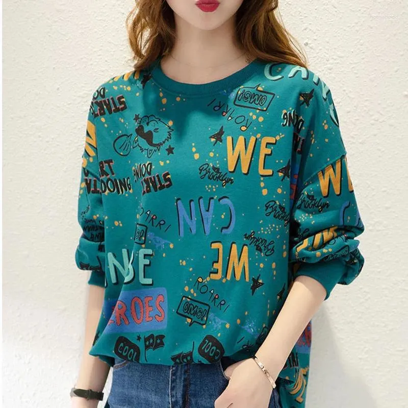 Kvinnors T-skjortor Fashion O-Neck Loose Printing Color Letter T-shirt Kvinnliga kläder 2024 Autumn Winter Overized Casual Tops Korean Tee