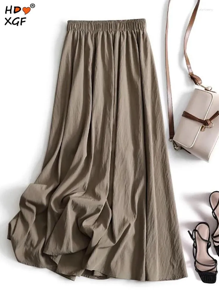 Юбки, винтажная эластичная юбка-зонтик с высокой талией, летняя однотонная плиссированная уличная одежда больших размеров, женская элегантная длинная юбка