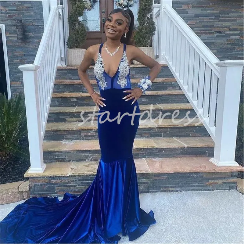 Sexy Navy Blue Evening Dresses 2024 Deep V Neck Applique Lace Mermaid Prom Dress For Black Girls Velvet Formal Occasion Party Gowns Elegant Backless Birthday Fifteen