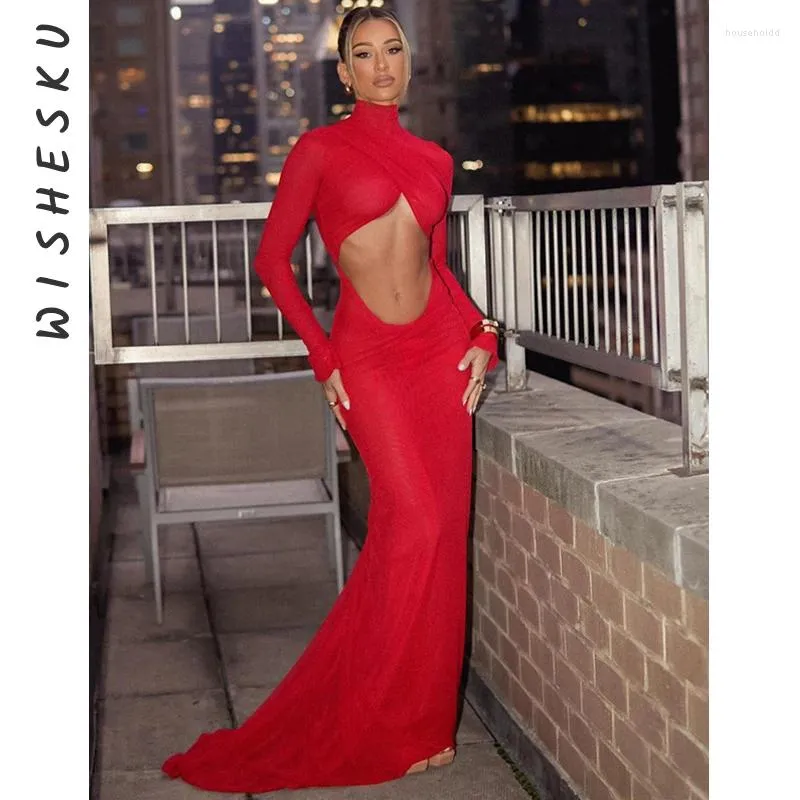 Casual Dresses Women Turtleneck Hollow Out Slim Fit Maxi Dress Elegant Long Sleeve Party Vestidos 2024 Spring Fall Night Prom Clothes