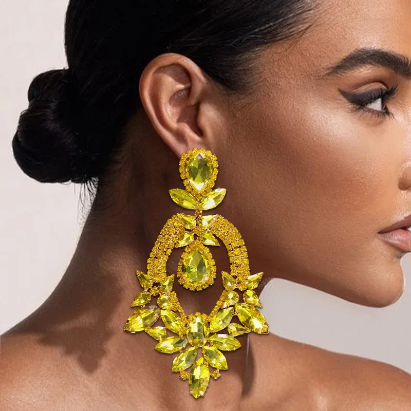 Charm Exaggerated Yellow Rhinestone Big Size Earring for Women Fashion Crystal Drop Earrings Drag Queen Jewelry Accessories