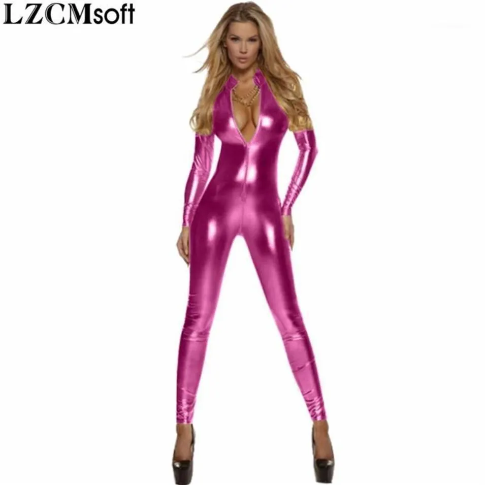 Costumi Catsuit LZCMsoft Donna Full Body Unitard Body nero Manica lunga Lycra Oro con zip frontale Dolcevita Zentai metallizzato Bodys251f