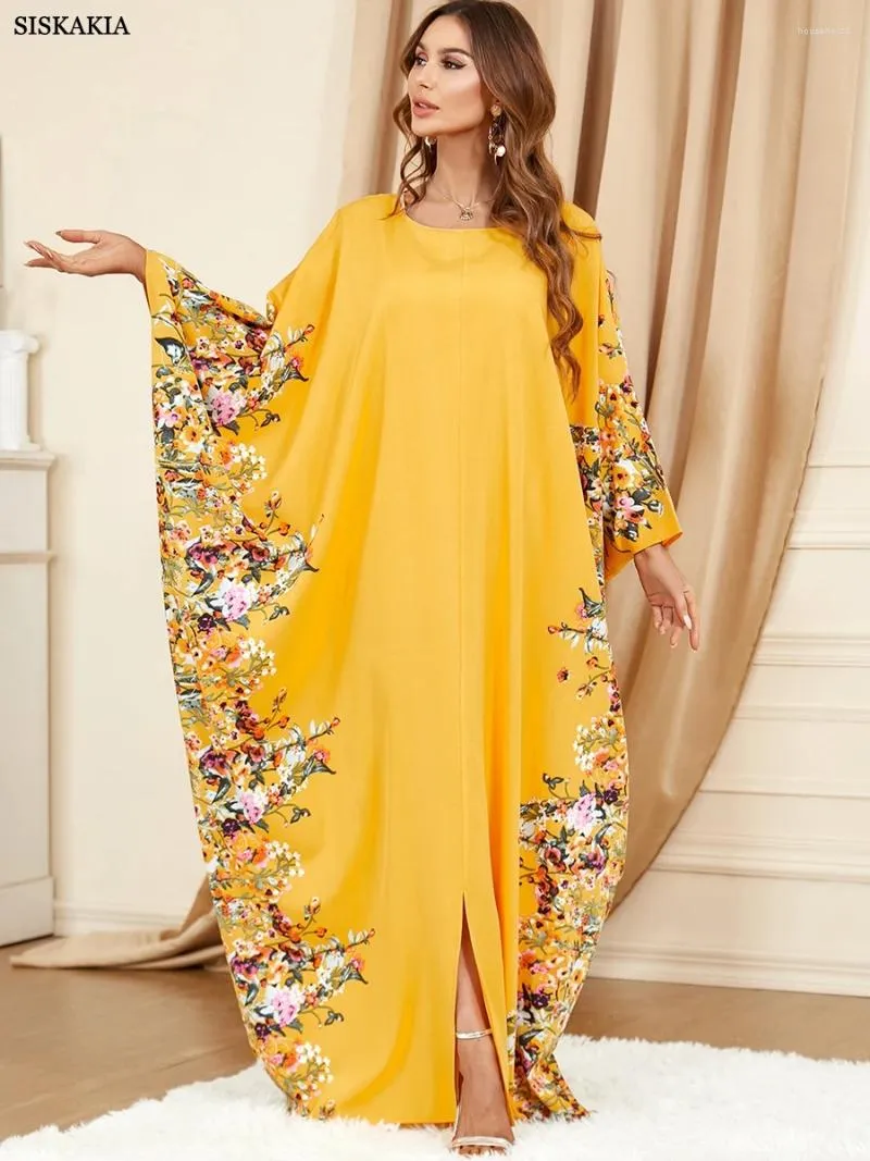 الملابس العرقية Siskakia Batwing Abaya للنساء المسلمين رمضان عيد 2024 طباعة Abayas تركيا Kaftan عمان رداء الملابس الإسلامية عارضة