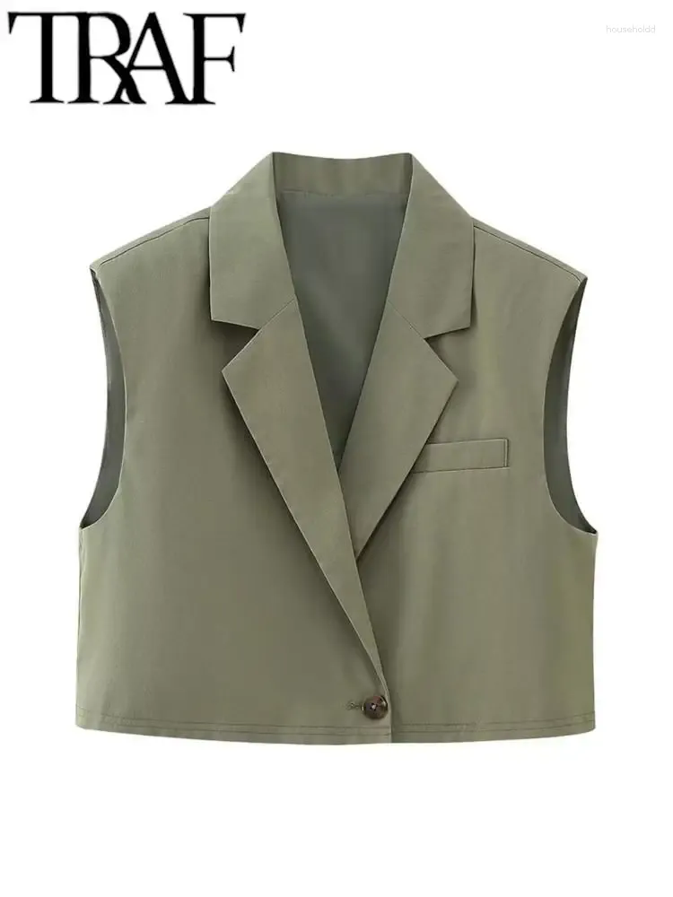 Women's Vests TRAF Women Blazer Vest Turn Down Collar Single Button Sleeveless Slim Office Lady Waistcoat Female Crop Top 2024 Autumn