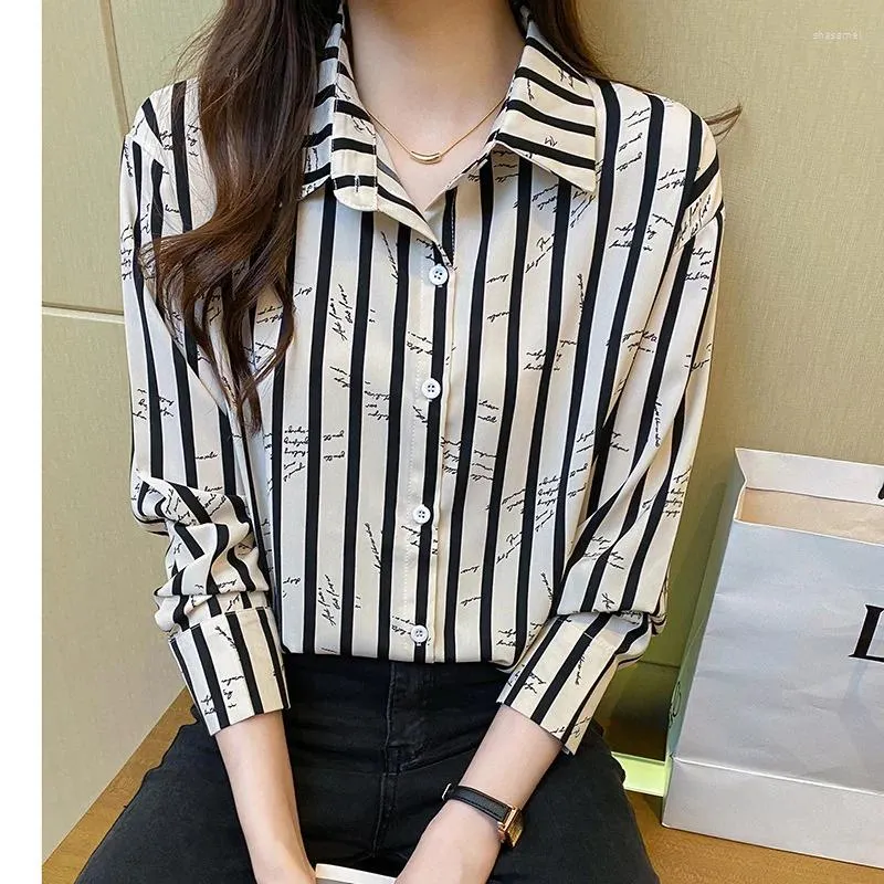 Blusas femininas oversized manga longa blusa de chiffon para mulheres camisas casuais de escritório coreano preto e branco camisa listrada y2k camisas y