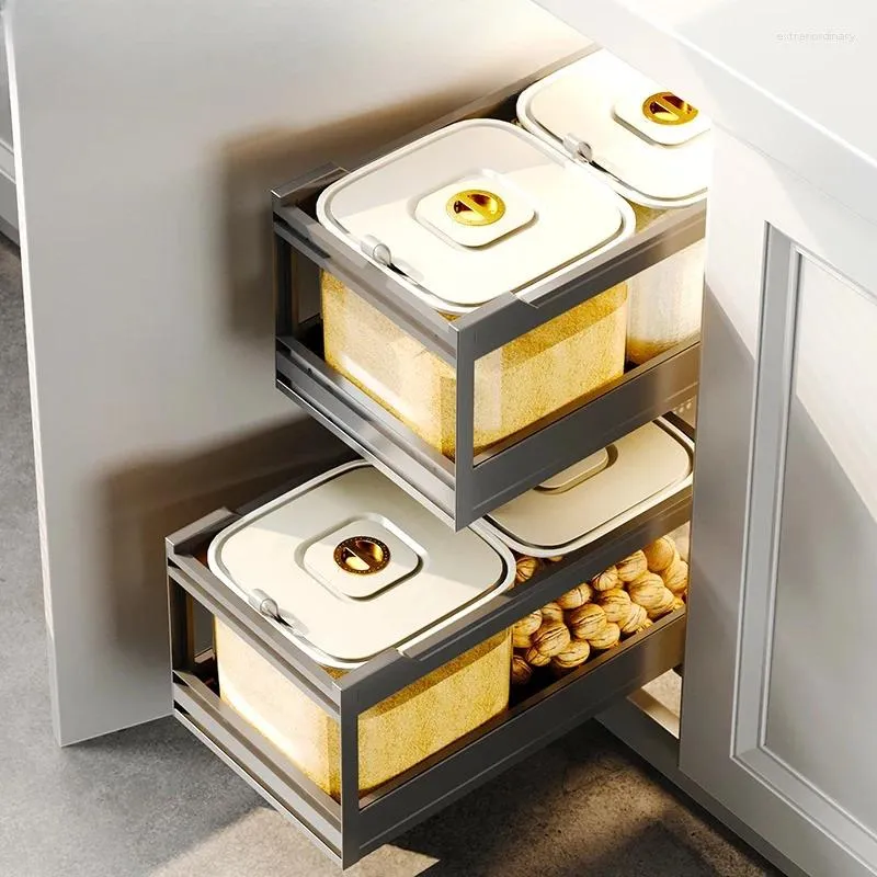 Kök förvaring rislåda torrvaror korg aluminium legering dubbelskikt rack låda typ inbyggt skåp blå